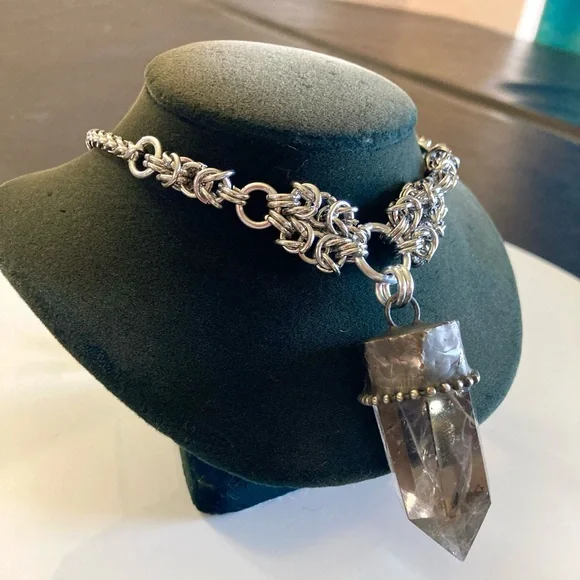 Handmade big raw black Smokey crystal quartz maille silver boho goth necklace - Picture 9 of 16
